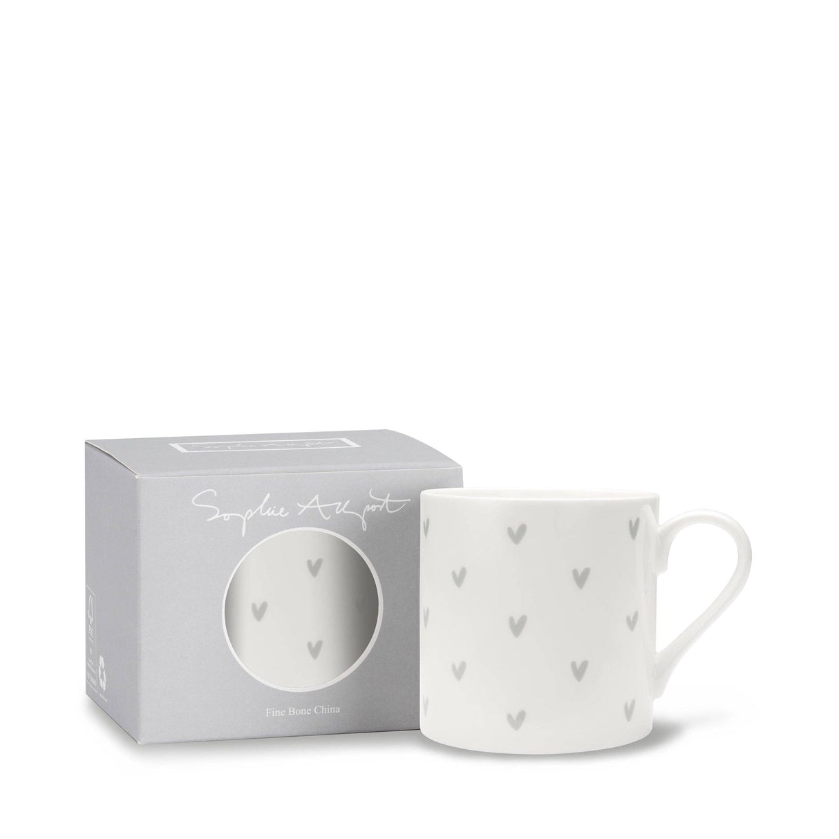 A white fine bone china mug with a pattern of small gray hearts, shown next to its light gray packaging box on a white background.