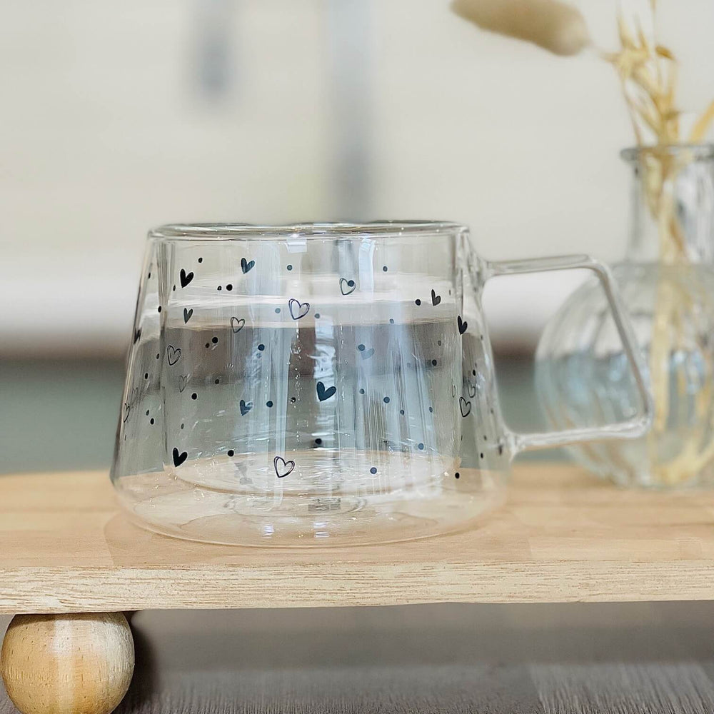 Double Wall Glass Mug – Black Hearts & Dots