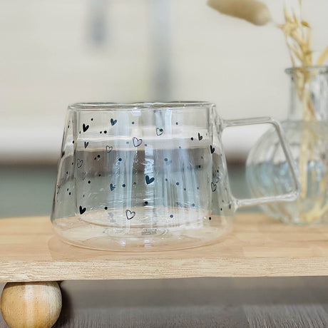 Double Wall Glass Mug – Black Hearts & Dots