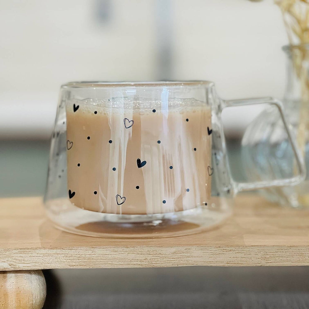 Double Wall Glass Mug – Black Hearts & Dots