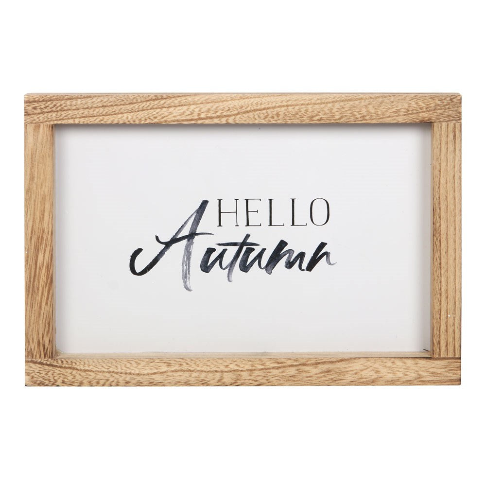 Wooden frame with 'Hello Autumn' text on a white background