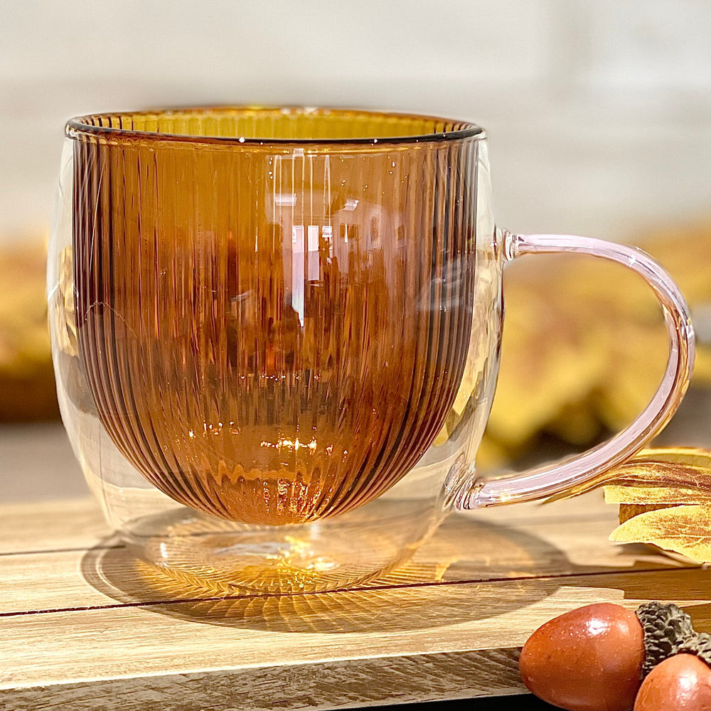 Double Wall Glass Mug | Amber with Pink Handle