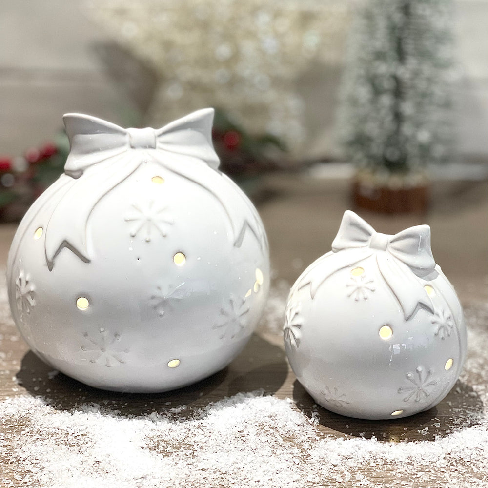 Glazed Ceramic LED Bauble with Bow | 9.5cm