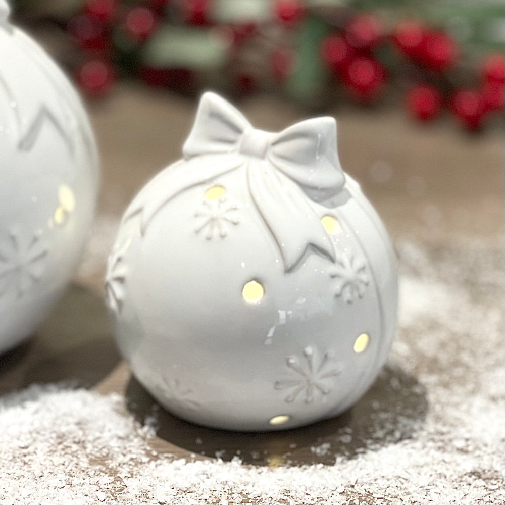 Glazed Ceramic LED Bauble with Bow | 9.5cm