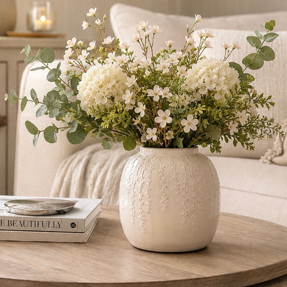 Cream Ceramic Ribbed Vase