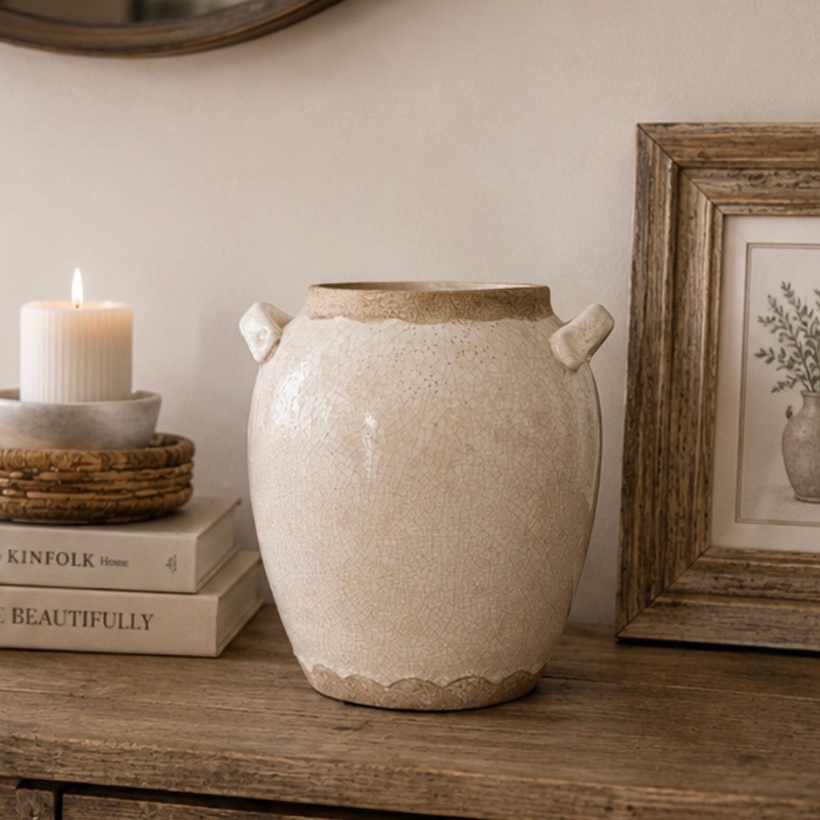 Antiqued Cream Stoneware Urn Style Vase | 22cm