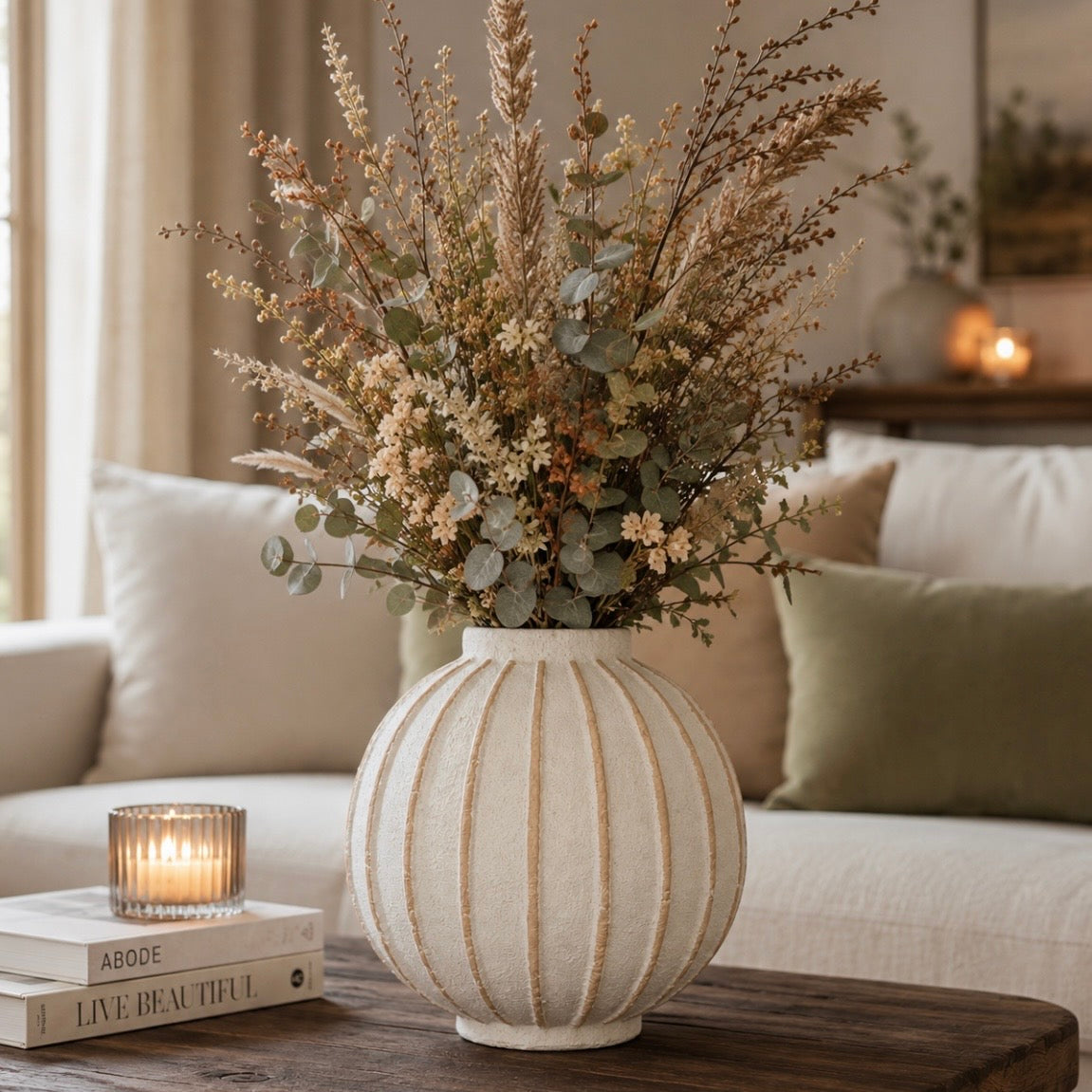 A ribbed cream ceramic vase filled with a dried floral arrangement of beige grasses, eucalyptus leaves, and small white blossoms, styled on a wooden table in a softly lit living room.