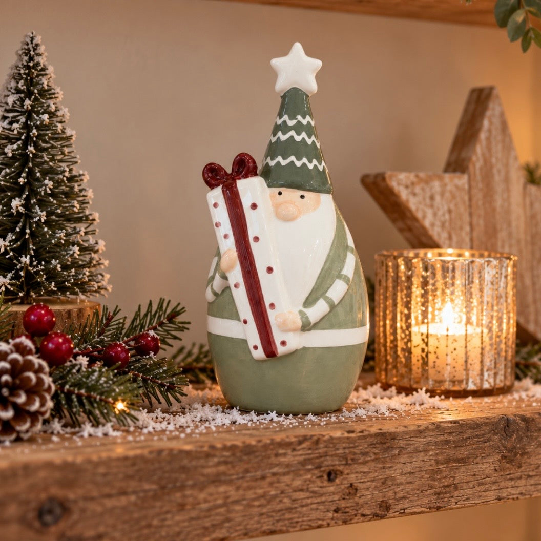 Green Santa Holding Present Ornament | 17cm