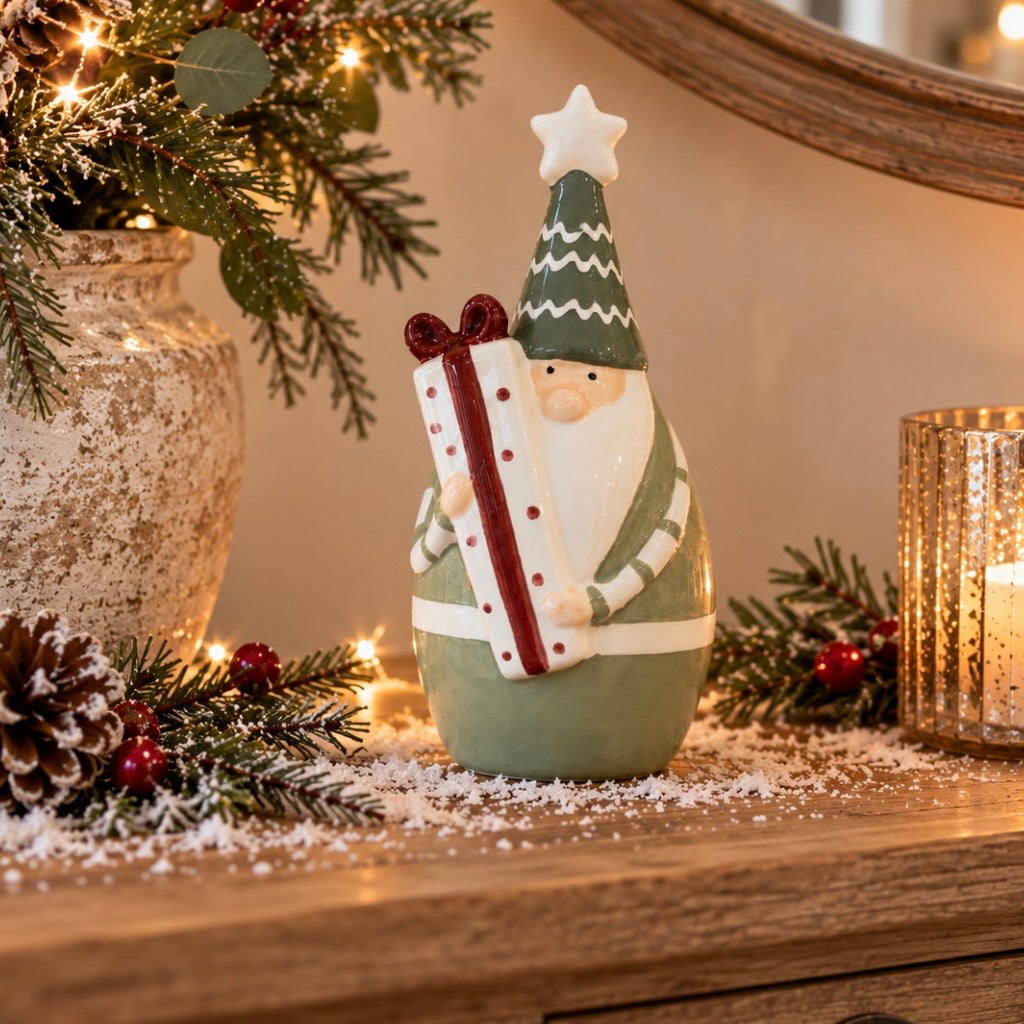 Green Santa Holding Present Ornament | 17cm