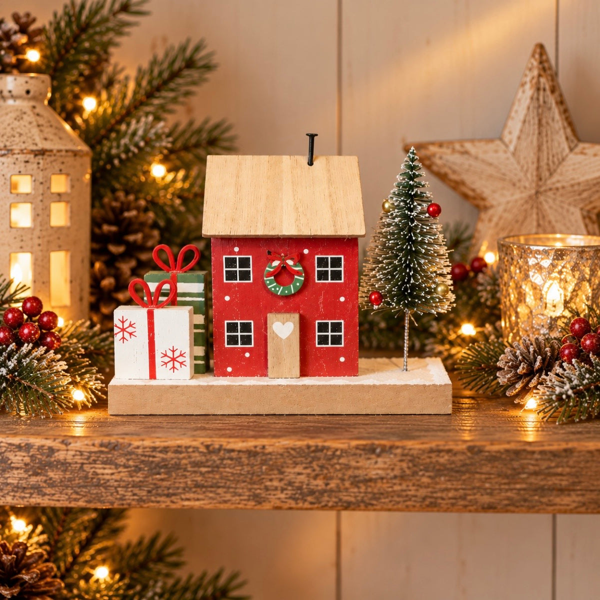 Wooden House With Tree And Presents | 12.5cm