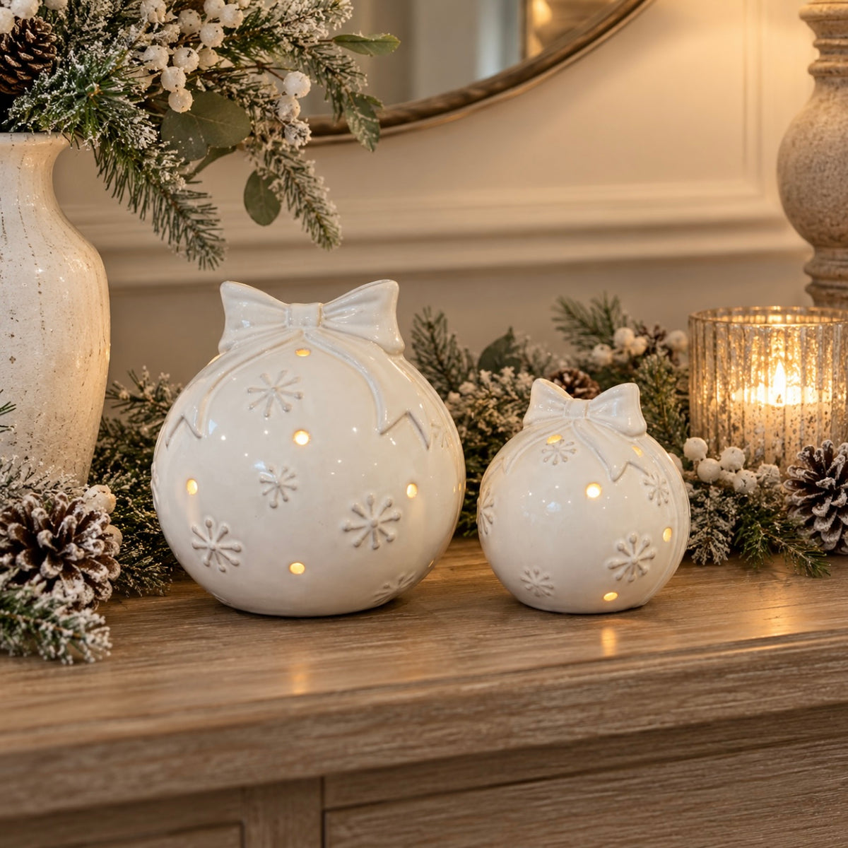 Glazed Ceramic LED Bauble with Bow | 14cm