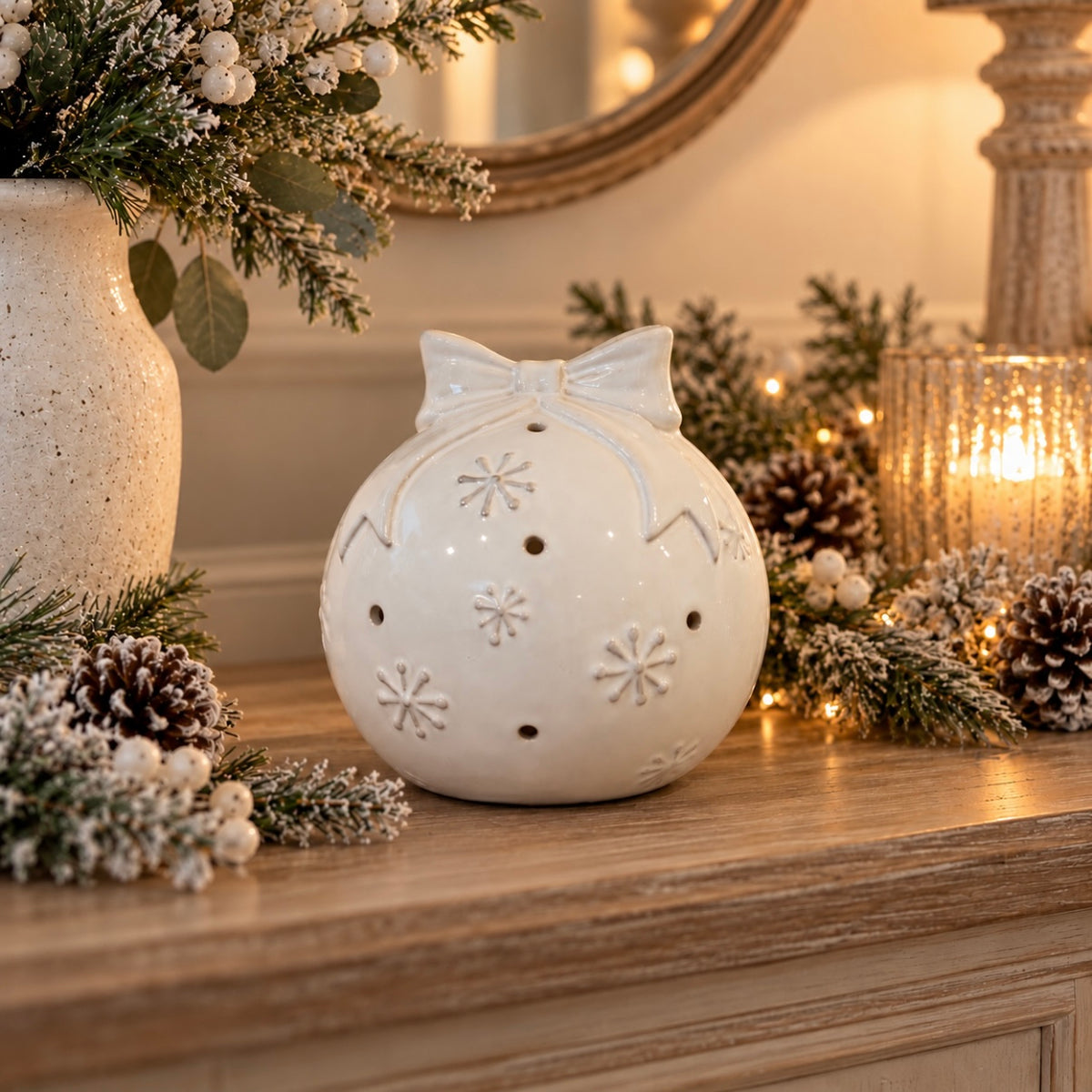 Glazed Ceramic LED Bauble with Bow | 14cm