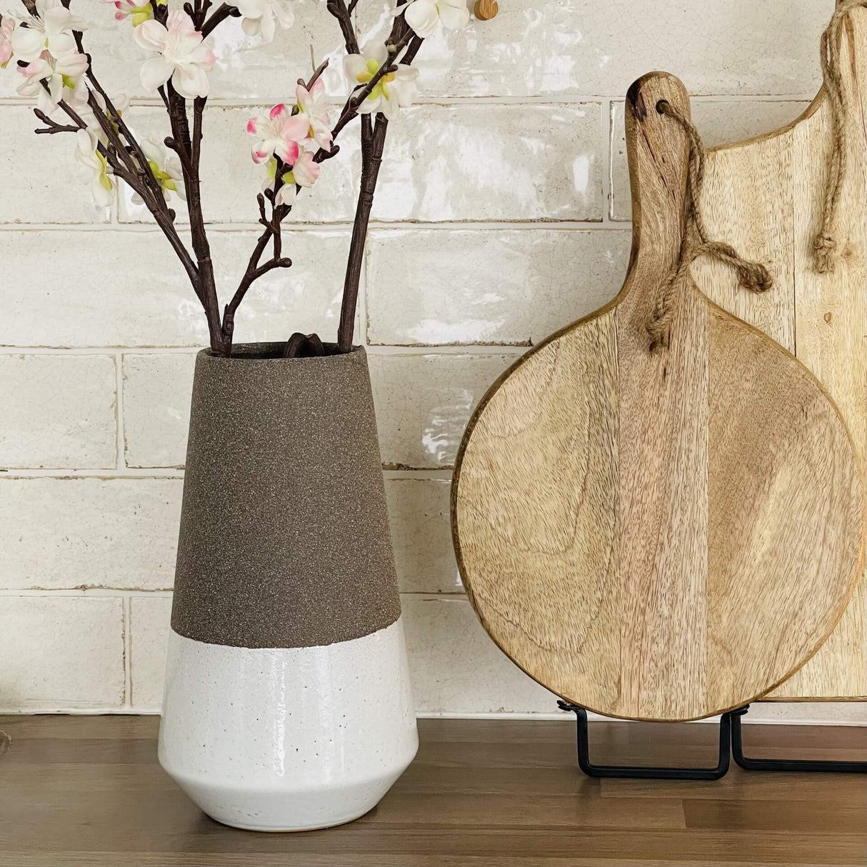 Textured Mocha Vase with Glazed Base | 25cm