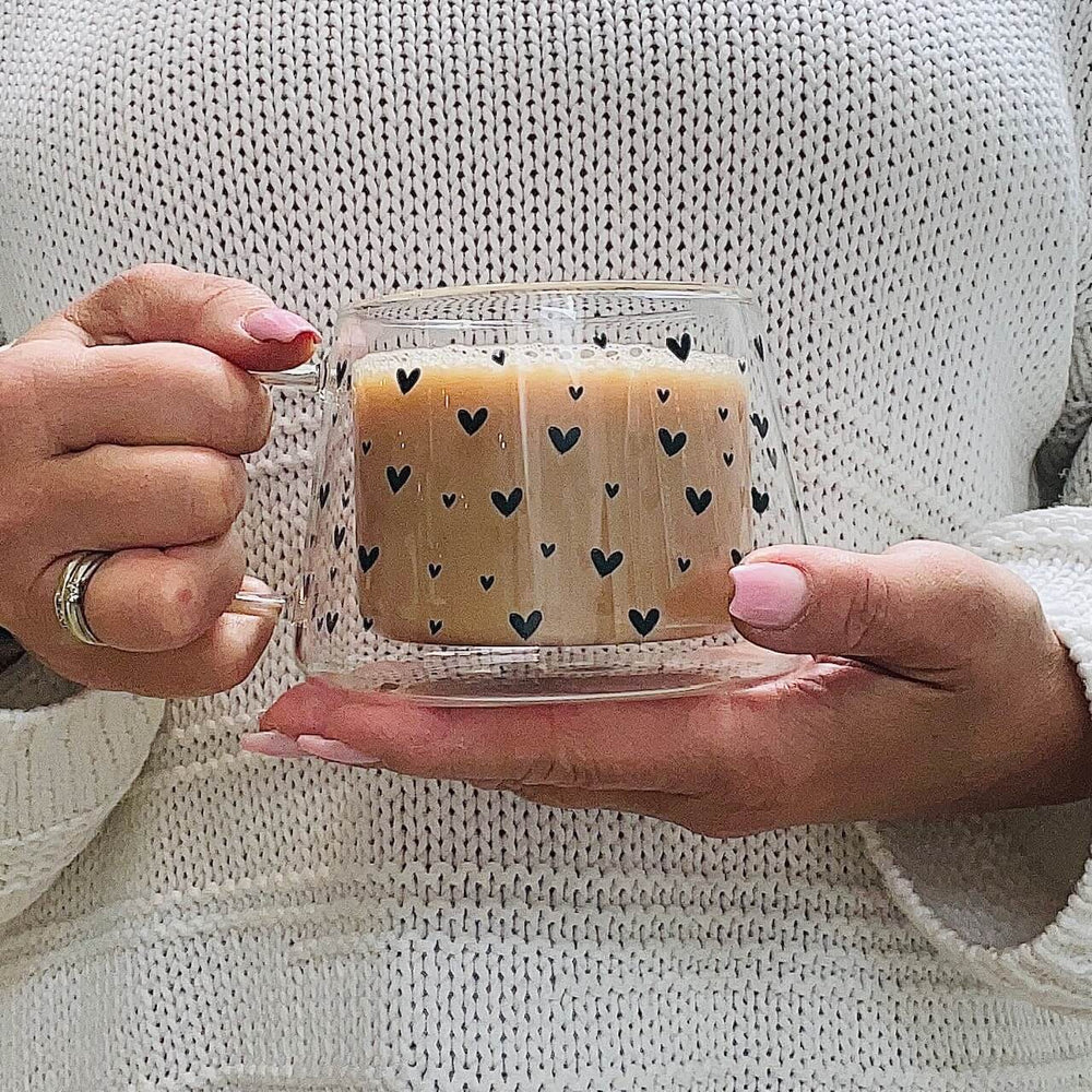 Double Wall Glass Mug- Multi Heart Black