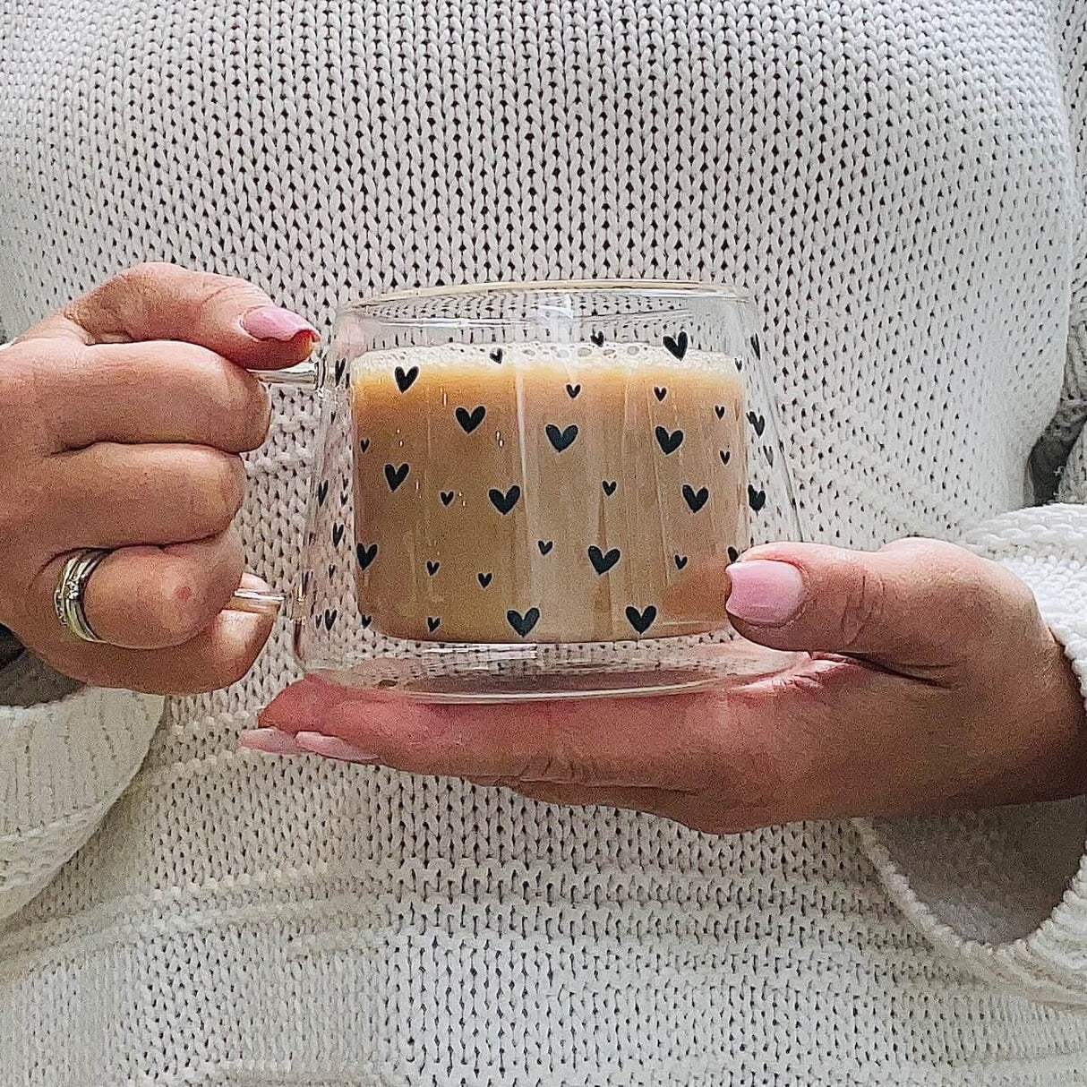 Double Wall Glass Mug- Multi Heart Black