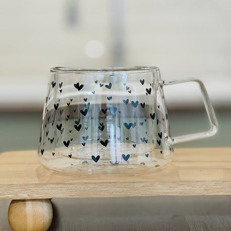 Double Wall Glass Mug- Multi Heart Black