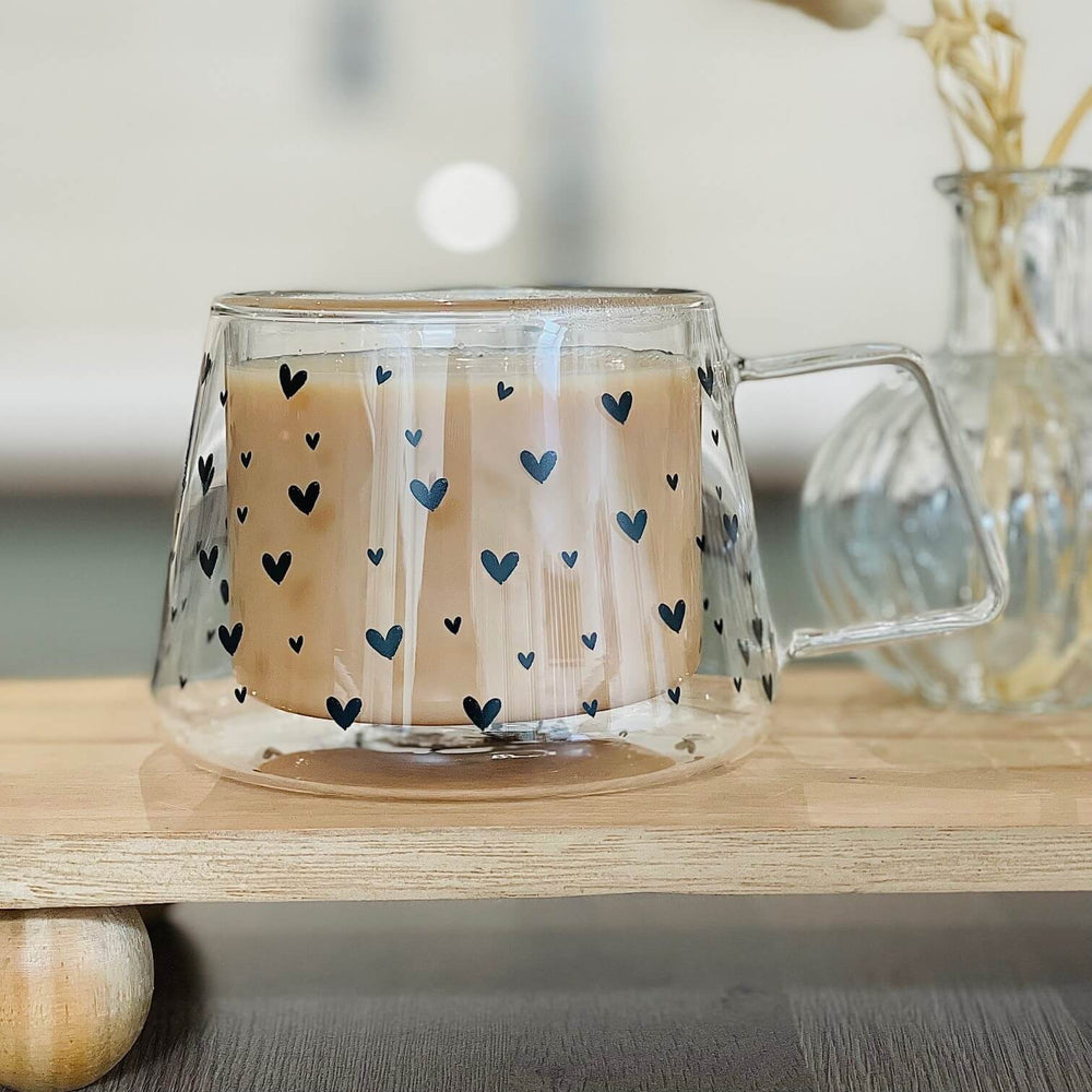 Double Wall Glass Mug- Multi Heart Black