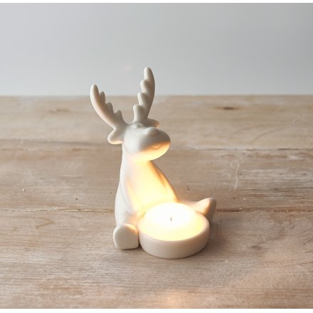 White Reindeer T-light Holder | 13cm