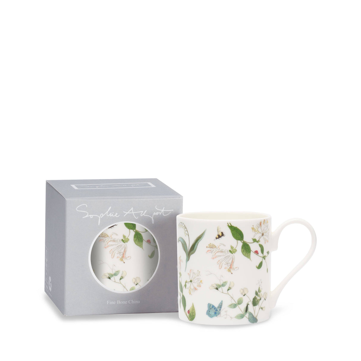 A white fine bone china mug with a delicate floral and butterfly print, displayed next to its gray presentation box on a clean white background.