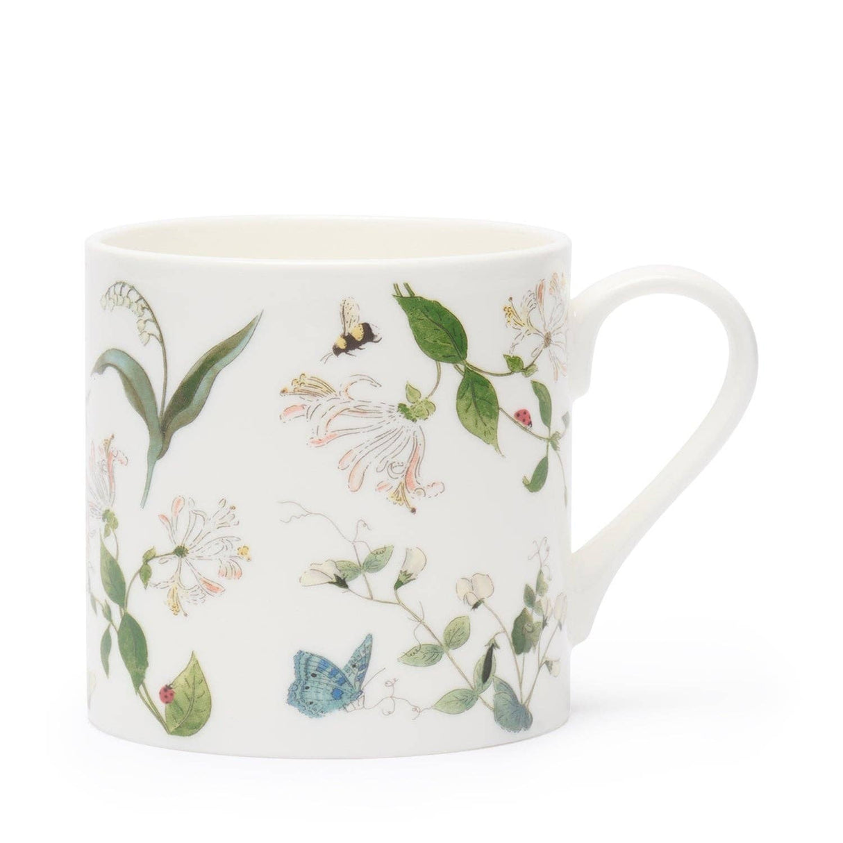 A white fine bone china mug decorated with a delicate botanical pattern of green leaves, white flowers, a blue butterfly, and a small bee, shown on a clean white background.