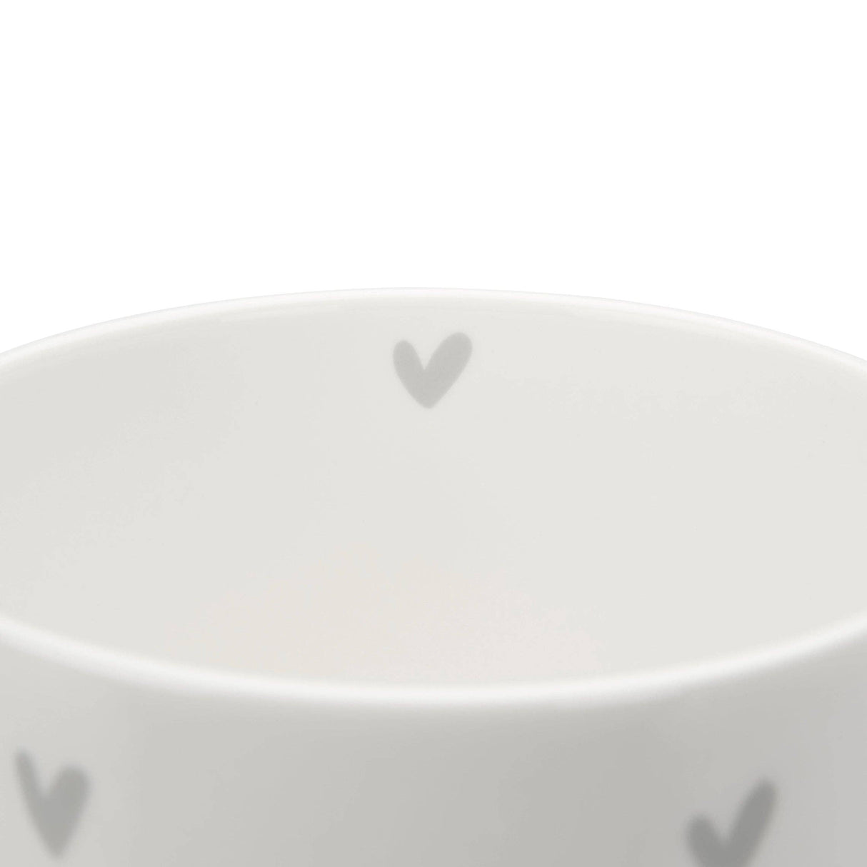 Close-up of a white fine bone china mug with a subtle grey heart pattern on the inside and outside, set against a clean white background.