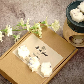 Christmas SpicecWax melts on a cardboard box with a brand label, next to a wax warmer and flowers.