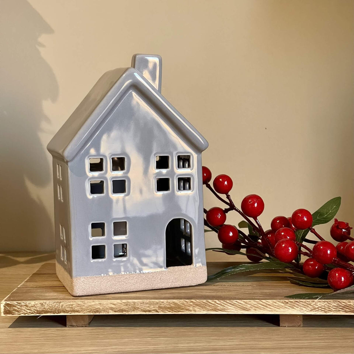 Grey Ceramic Glazed LED House | 15cm