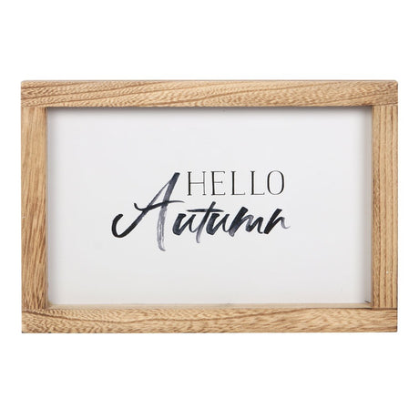 Wooden frame with 'Hello Autumn' text on a white background