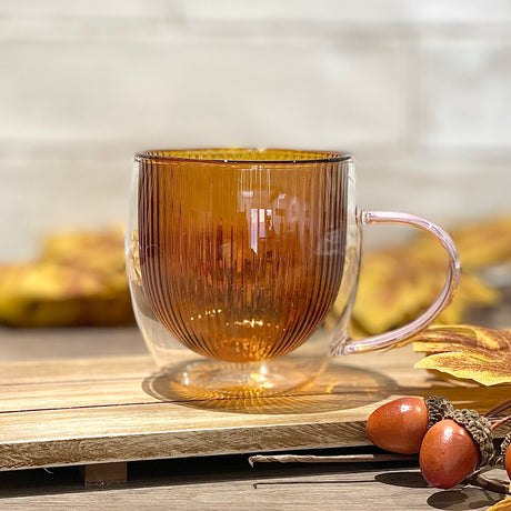 Double Wall Glass Mug | Amber with Pink Handle