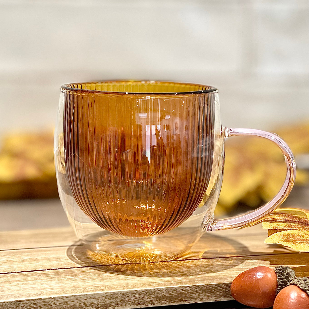 Double Wall Glass Mug | Amber with Pink Handle