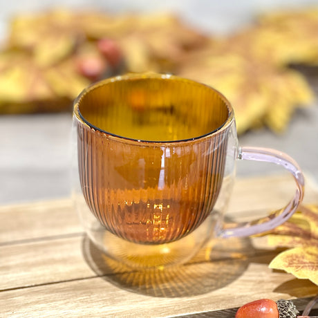 Double Wall Glass Mug | Amber with Pink Handle