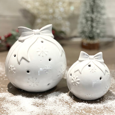 Glazed Ceramic LED Bauble with Bow | 9.5cm