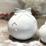 Glazed Ceramic LED Bauble with Bow | 14cm