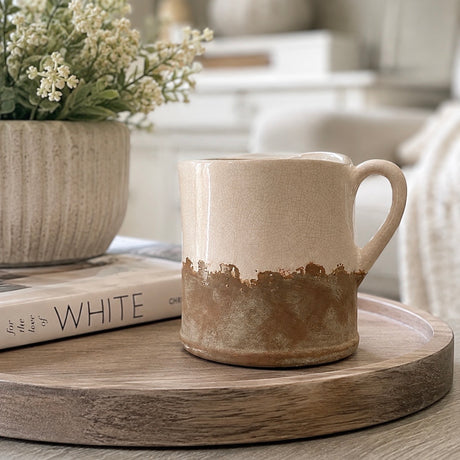 A ceramic jug with a textured beige upper half and a rustic brown glazed lower half, resting on a round wooden tray next to a book and a potted plant.