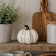 A decorative ceramic pumpkin in off-white with a dark brown stem sits on a rustic wooden shelf, styled with a potted green plant, a wooden cutting board, and a white jar in a home interior setting.