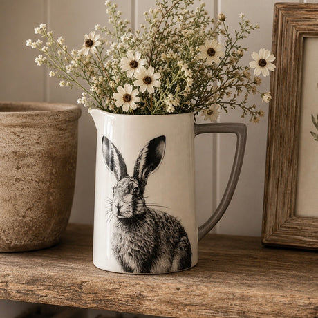 A white ceramic pitcher with a grey handle, featuring a detailed black and white illustration of a hare on the front. The pitcher is styled with faux daisy blooms on a rustic wooden shelf next to a potted daisy and a wooden picture frame