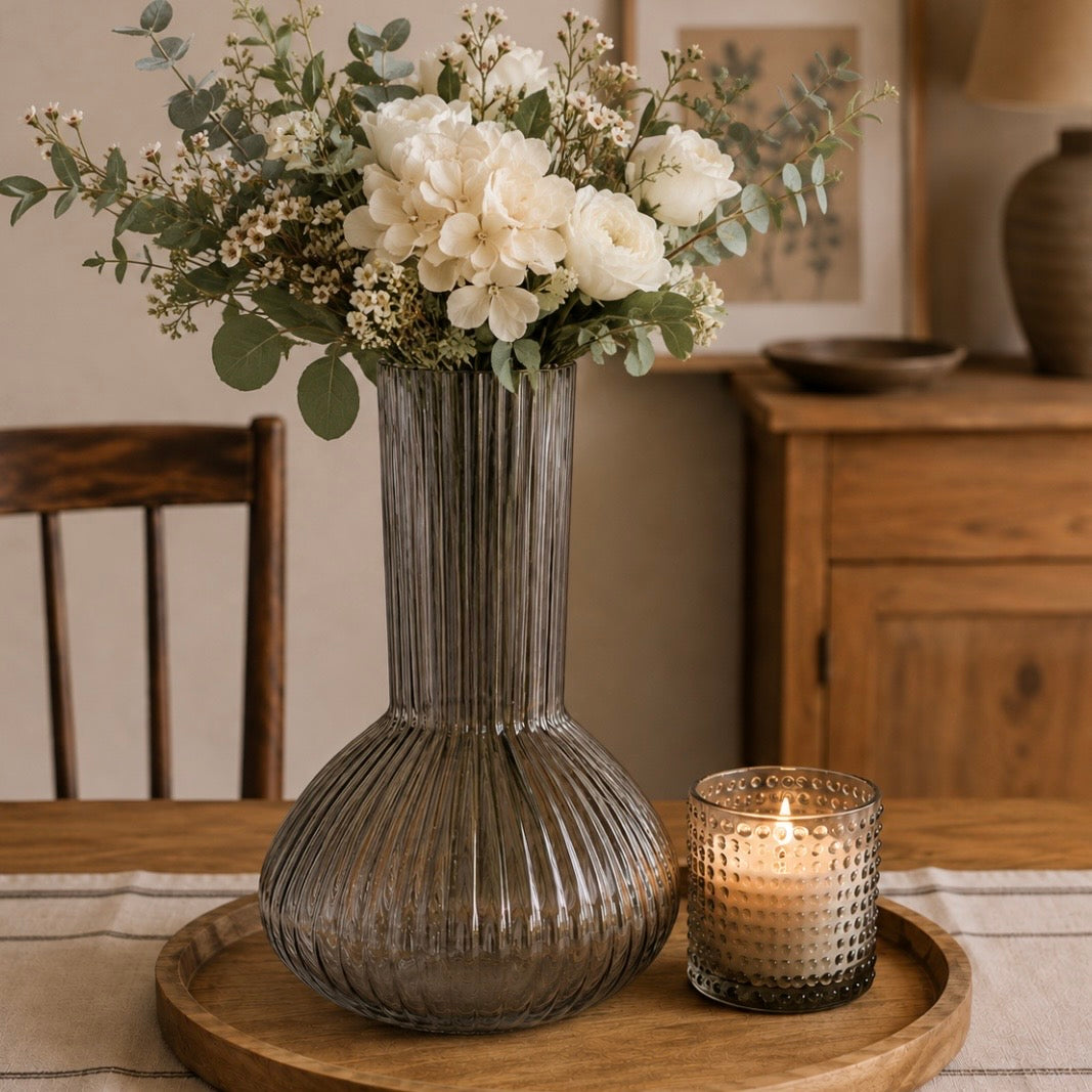 Grey Tall Ridged Vase | 30cm