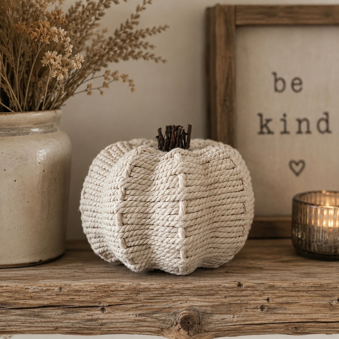 Cream Rope Pumpkin with Wooden Stalk