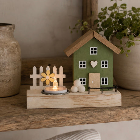 A small decorative wooden house figurine with a green body, natural wood roof and door, white window panes, a picket fence, a flower accent, and a tea light candle on a wooden base, styled on a rustic shelf with a ceramic vase and potted plant in the background.