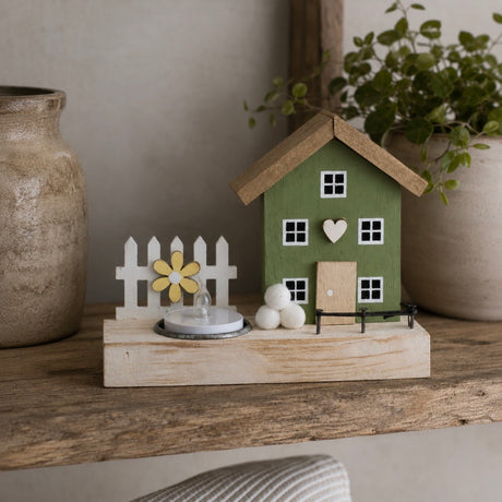 A decorative miniature house figurine with a green body, brown roof, white picket fence, small flower, and tea light candle, displayed on a wooden shelf between ceramic vases.