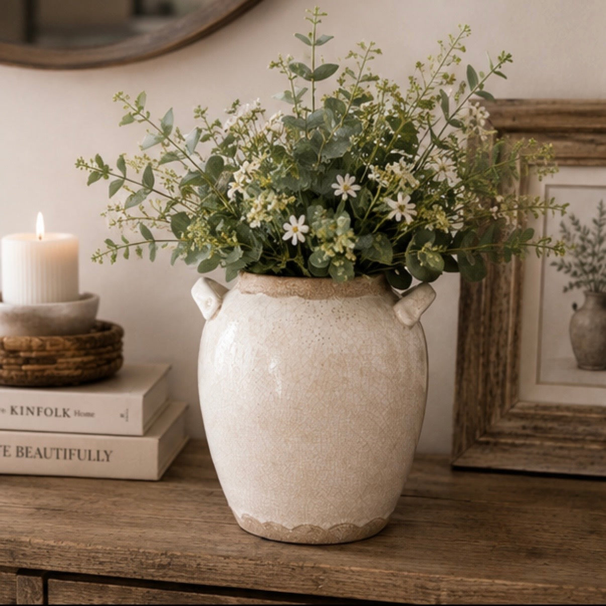Antiqued Cream Stoneware Urn Style Vase | 22cm