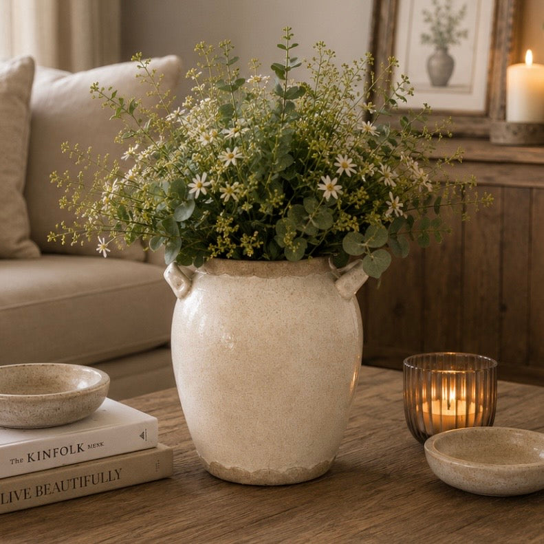 Antiqued Cream Stoneware Urn Style Vase | 22cm