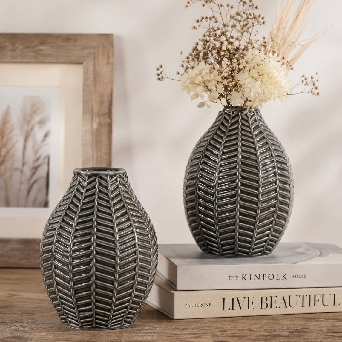 Grey Ceramic Leaf  Vase | Set of 2