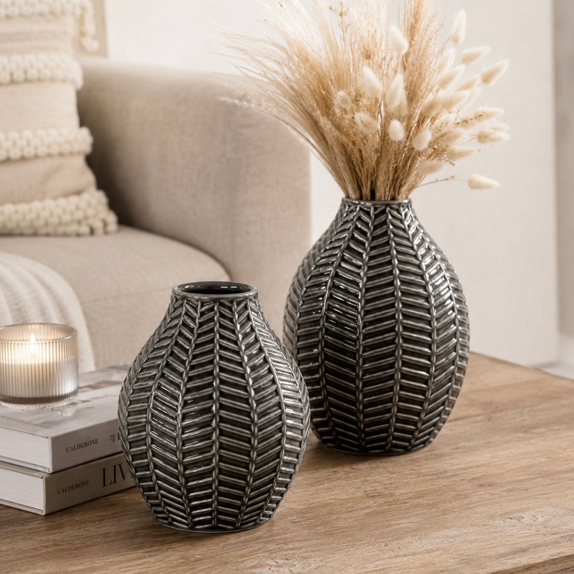 Grey Ceramic Leaf  Vase | Set of 2
