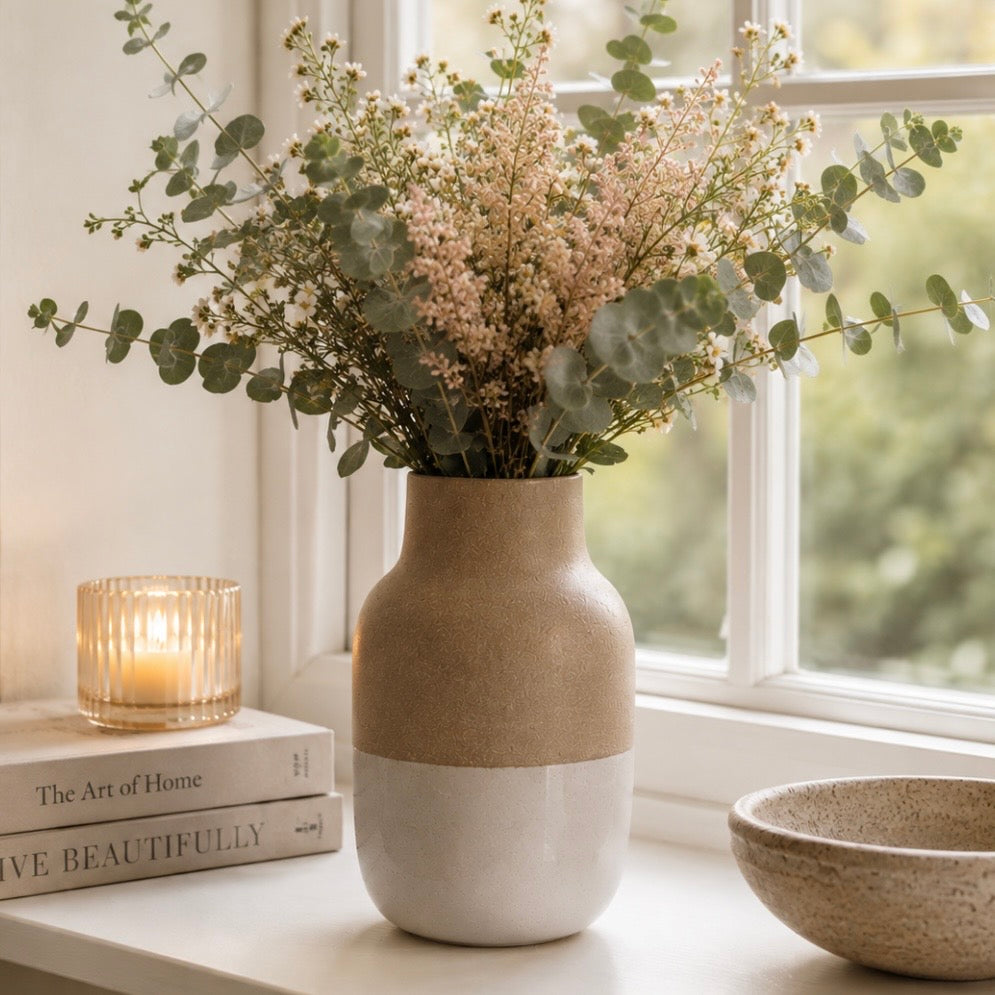 A ceramic vase with a two-tone beige and white design, filled with dried flowers and eucalyptus stems, sitting on a windowsill next to a lit candle, books, and a bowl.