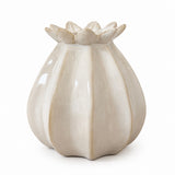 A glossy ceramic vase shaped like a poppy bud, in a warm cream or off-white glaze, set against a plain white background.