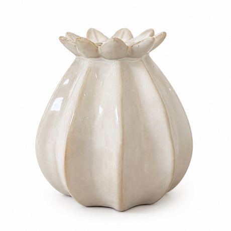 A glossy ceramic vase shaped like a poppy bud, in a warm cream or off-white glaze, set against a plain white background.