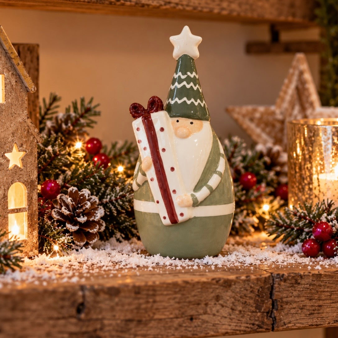 Green Santa Holding Present Ornament | 17cm