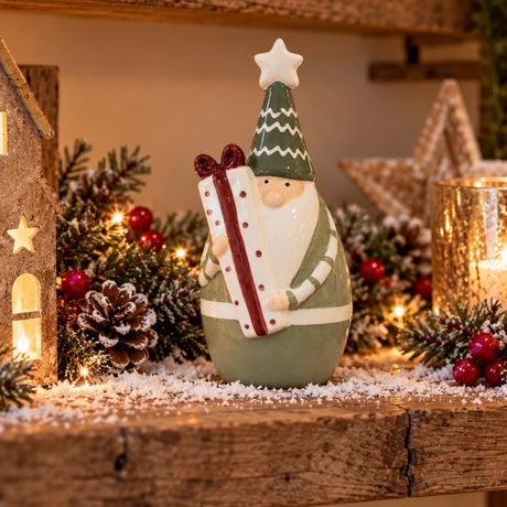 Green Santa Holding Present Ornament | 17cm