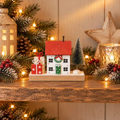 Wooden House With Tree and Presents | 9.5cm